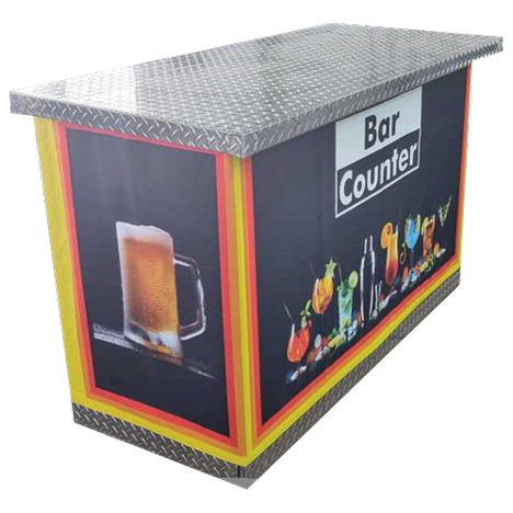 Display counter with steel top for use at events. Food images with a red and yellow outline on sides of the display.