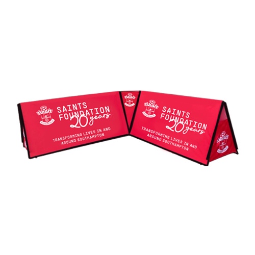 Red branded rectangular pop-out corner unit banners
