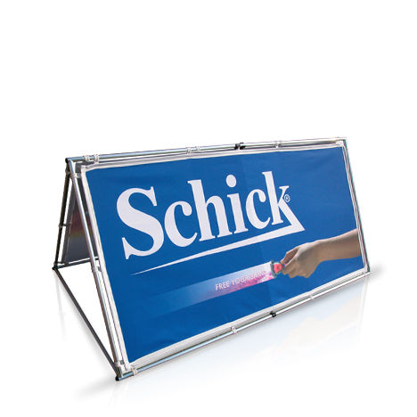 Branded pop-out A Frame Banner in colour blue advertising Schick
