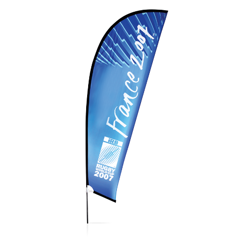 Branded pop-out Finn flag banner in blue gradient colour advertising France World Cup Rugby