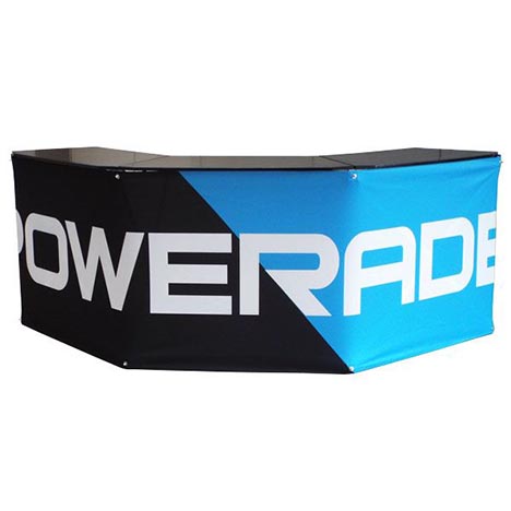 Blue and black branded pop-up counter event table advertising Powerade