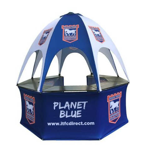Blue and white branded pop-up kiosk football merchandising unit