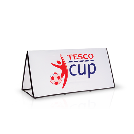 White rectangular pop up banner with wording 