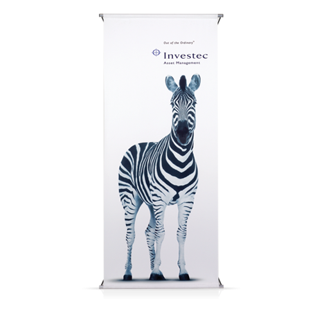 Branded pop-up spider banner with picture of a zebra on the front with a white background
