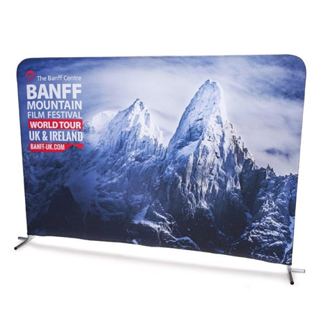 Branded pop-up stretch banners with a picture of snow mountains on the front